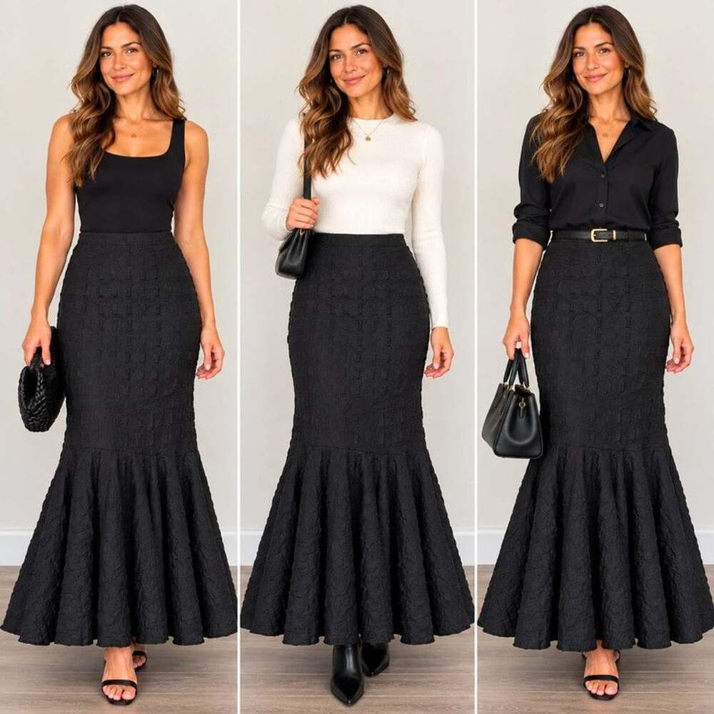 Courtney Washington Black Textured Mermaid Maxi Skirt Made in USA M Vintage